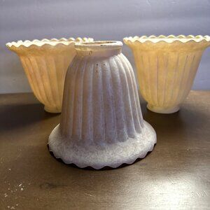 3 Vintage Fitted Glass Light Shades Bell Beige Marble Painted Ribbed Scalloped